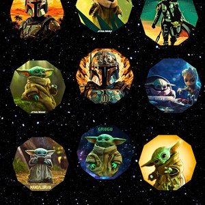 Pode incluir: Uma coleção de nove imagens octogonais com personagens de The Mandalorian e Star Wars. As imagens incluem Grogu e o Mandaloriano em várias poses, em um fundo estrelado. A palavra "MANDALORIAN" é exibida na parte inferior.