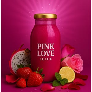May include: A bottle of pink juice with the text "PINK LOVE JUICE" is surrounded by strawberries, a dragon fruit slice, a rose, a lemon slice, and mint leaves. The bottle has a gold cap.