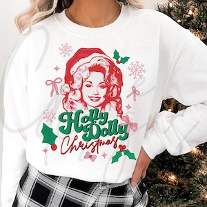 Holly Dolly Weihnachten PNG | Retro Coquette Western Shirt Weihnachtsdesign | Hand gezeichnetes Püppchen Portrait | Land Urlaub Download