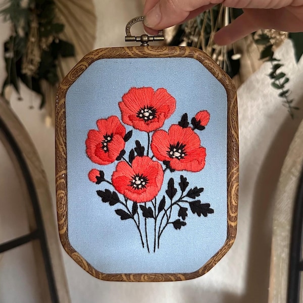 Poppies on Sky Blue – Bold Floral Hoop Art ||Hand-Embroidered