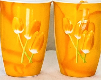 Pair Of Beautiful Deco Holland Orange And White Tulips Mugs