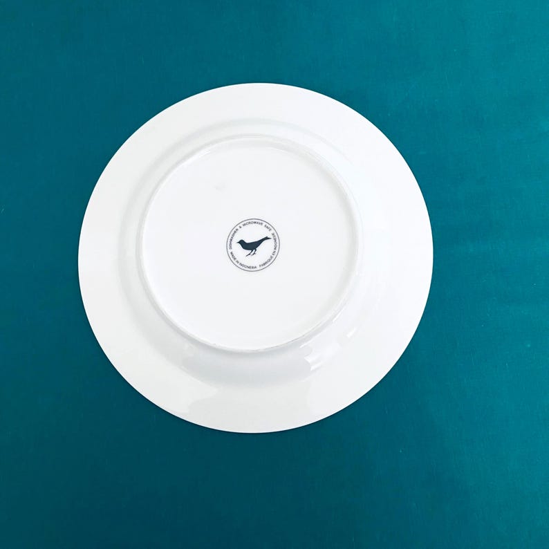 Pu&ograve; includere: Un piatto in ceramica bianca con un bordo largo, visto dal basso. Un logo circolare in bianco e nero con un uccello &egrave; centrato sul piatto. Il piatto &egrave; posto su uno sfondo turchese.