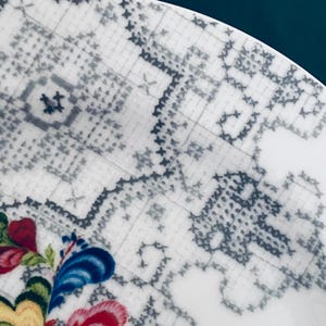 Pu&ograve; includere: Primo piano di un piatto bianco con un motivo a punto croce dettagliato in grigio. Il piatto presenta un design floreale con accenti rossi, blu, gialli e verdi. Il design ricorda il ricamo tradizionale.