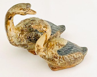 Pair Of Small Japanese Ceramic Chinese Goose And Gosling Figurines