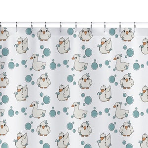 Cute Duck Shower Curtain - duck themed bathroom decor, bird bathroom decorations, kids bathroom accessories, blue and white bath curtain