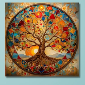 Tree of Life Mandala, Yggdrasil Painting Canvas,Stained Glass Print,Norse Mythology Art,World Tree Art, Celtic Décor, Interconnectedness/10