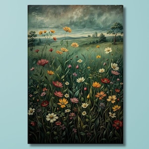Arte murale con campo di fiori selvatici, tela/poster con campo di fiori selvatici, stampa cartello paesaggio botanico vintage, decorazione floreale, arte su tela moderna in stile fattoria/15
