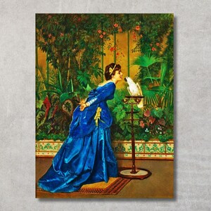 Auguste Toulmouche Canvas Wall Art,Auguste Toulmouche Lady With A Parrot (19th century) Canvas Gallery Wrapped or Framed Giclee Wall Art