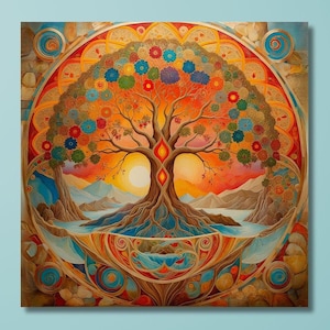 Tree of Life Mandala, Yggdrasil Painting Canvas,Stained Glass Print,Norse Mythology Art,World Tree Art, Celtic Décor, Interconnectedness/11