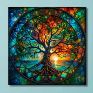 Tree of Life Mandala, Yggdrasil Painting Canvas,Stained Glass Print,Norse Mythology Art,World Tree Art, Celtic Décor, Interconnectedness/13