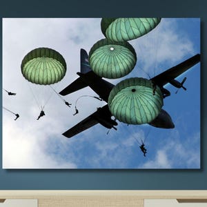 Army 82nd Airborne Division Poster Art Canvas Print,Military Parachute and Combat Aircraft Wall Art for Patriotic Home Decor,Air Force Base