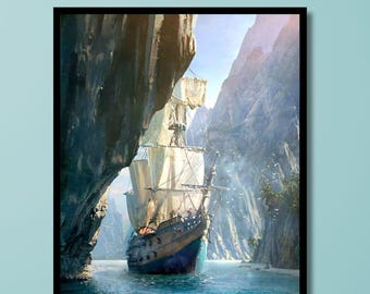 Impressão em tela de veleiro: arte moderna de navio pirata, opção emoldurada