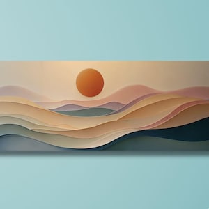 Abstract Sunset Panoramic Sun Canvas Art boho Decor for Above BedFamous Art,Large Wall Art,Minimalist Canvas Art, abstract Waves Line Art/96