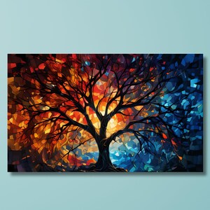 Yggdrasil Painting Canvas Print,Tree of Life Decor, Celtic Wall Art, Abstract Colorful Artwork, Norse Mythology Gift, Stained Glass Effect/9