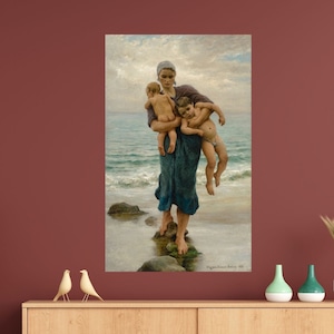 Póster de la esposa del pescador y sus hijos bañándose/arte de pared en lienzo, impresión artística de VIRGINIE DEMONT-BRETON, impresión de reproducción, arte de póster vintage