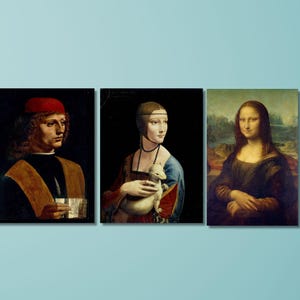 Leonardo da Vinci Canvas Art Set of 3 - Mona Lisa, Lady with an Ermine, and Portrait of a Musician for Elegant Renaissance Home Decor/3