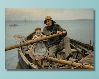 Helping Hand, 1881, Emile Renouf, Old Fisherman helping ,young girl to row the boat,Extra Large Wall Art,Ready To Hang