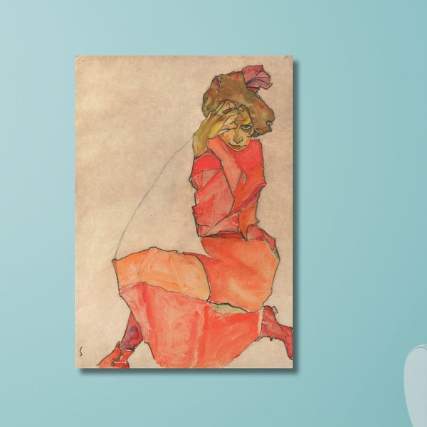 Egon Schiele Druck Kniende Frau im Orange Roten Kleid (1910) Baumwollleinwand / Poster, Malerei Druck,Kunst, Leinwand Wand Kunst Vintage Antik