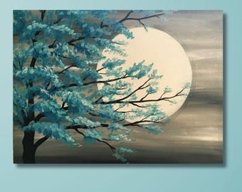 Blue Tree Moon Canvas Print: Landscape Wall Art, Ready to Hang