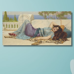 John William Godward Mischief and Repose 1909 Canvas Wall Gallery Exhibition ,John William Home Decor Abstract Wall Art Ready to Hang Gifts