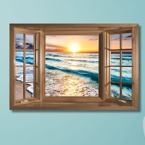 Beach Window Scene Canvas Wall Art Window View Sea Wall Hanging Decor Open Window Special Design Nature Scene Wall Decor Giclée Print