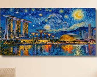 シンガポールの星月夜キャンバスアート、ゴッホ風の都市景観 - Etsy 日本