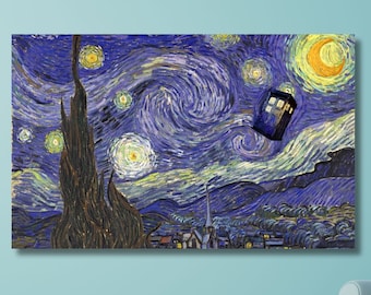 Van Gogh Starry Night Inspired ,Doctor Who TARDIS Canvas Wall Art / Poster Home Decor , Whovians Fandom Gift ,TV Series ,Ready to Hang