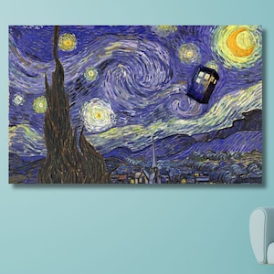 Póster de lienzo inspirado en la noche estrellada de Van Gogh, Doctor Who TARDIS, decoración del hogar, regalo de fandom de Whovians, serie de televisión, listo para colgar