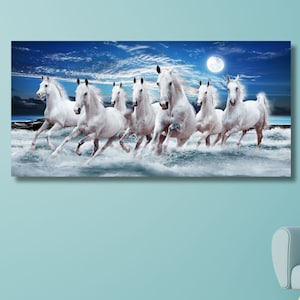 7 Running White Horses Canvas Wall Art, Poster,7 Running Horses Wall Art, Moon Wall Art - Home Decor- Colourful Print Canvas Ready to Hang