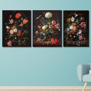 Set of 3 Jan Davidsz Paintings Canvas Wall Arts,Flowers Vintage Poster Prints,Jan Davidsz Vase of Flowers Poster Artworks,Exhibition Poster