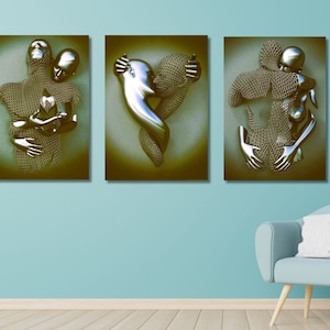Set of 3 Love Heart Grey Print , Canvas 3D Effect, Kissing Couple Wall Art, Hugging Couple Painting , Canvas Love Heart, Silver Wall Design
