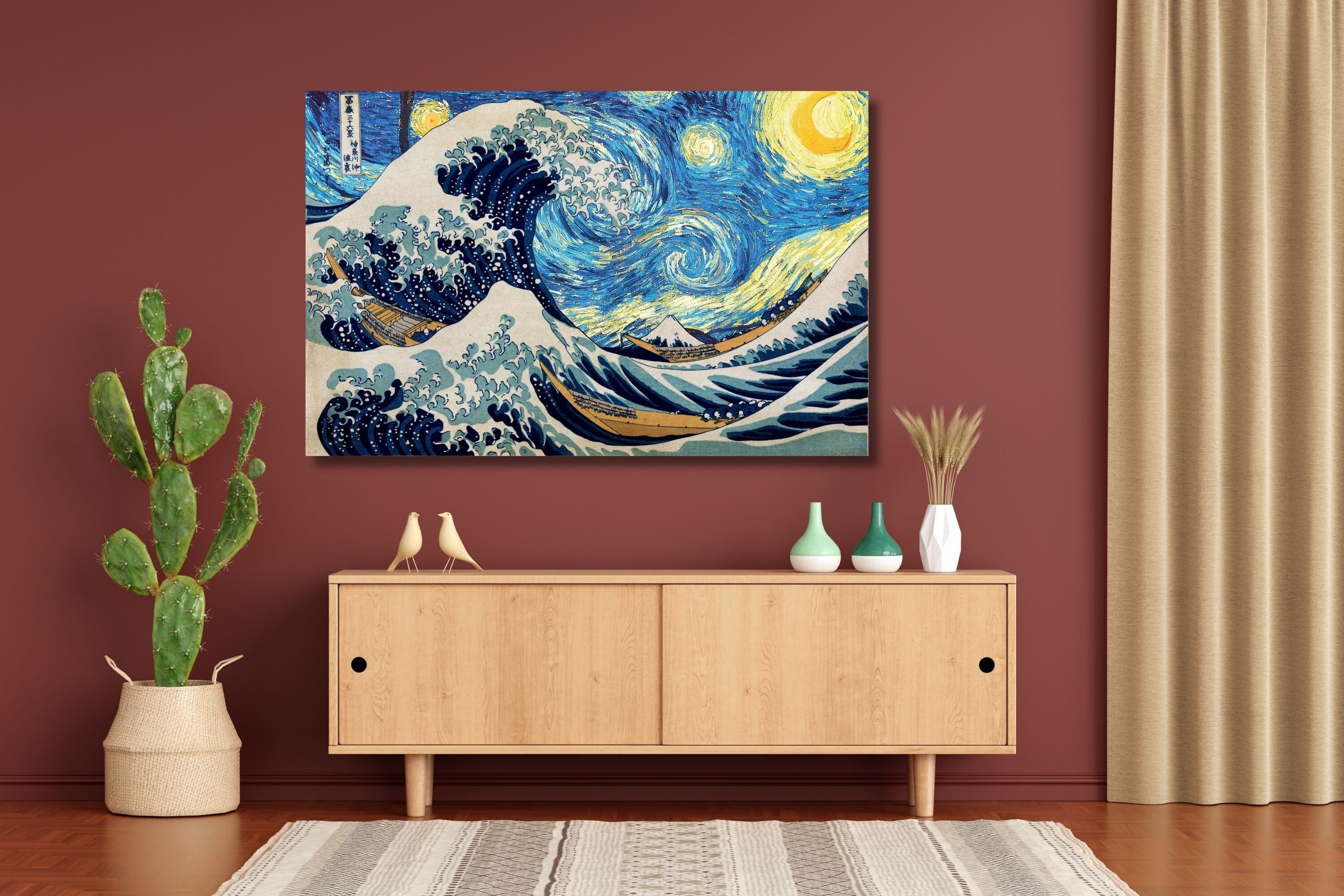 ゴッホ「星月夜と葛飾北斎」波のキャンバスアートプリント - Etsy 日本