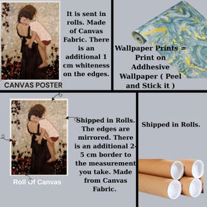 The image is a collage of four images: a canvas poster, a roll of canvas fabric, a roll of wallpaper prints, and a stack of rolls of wallpaper.