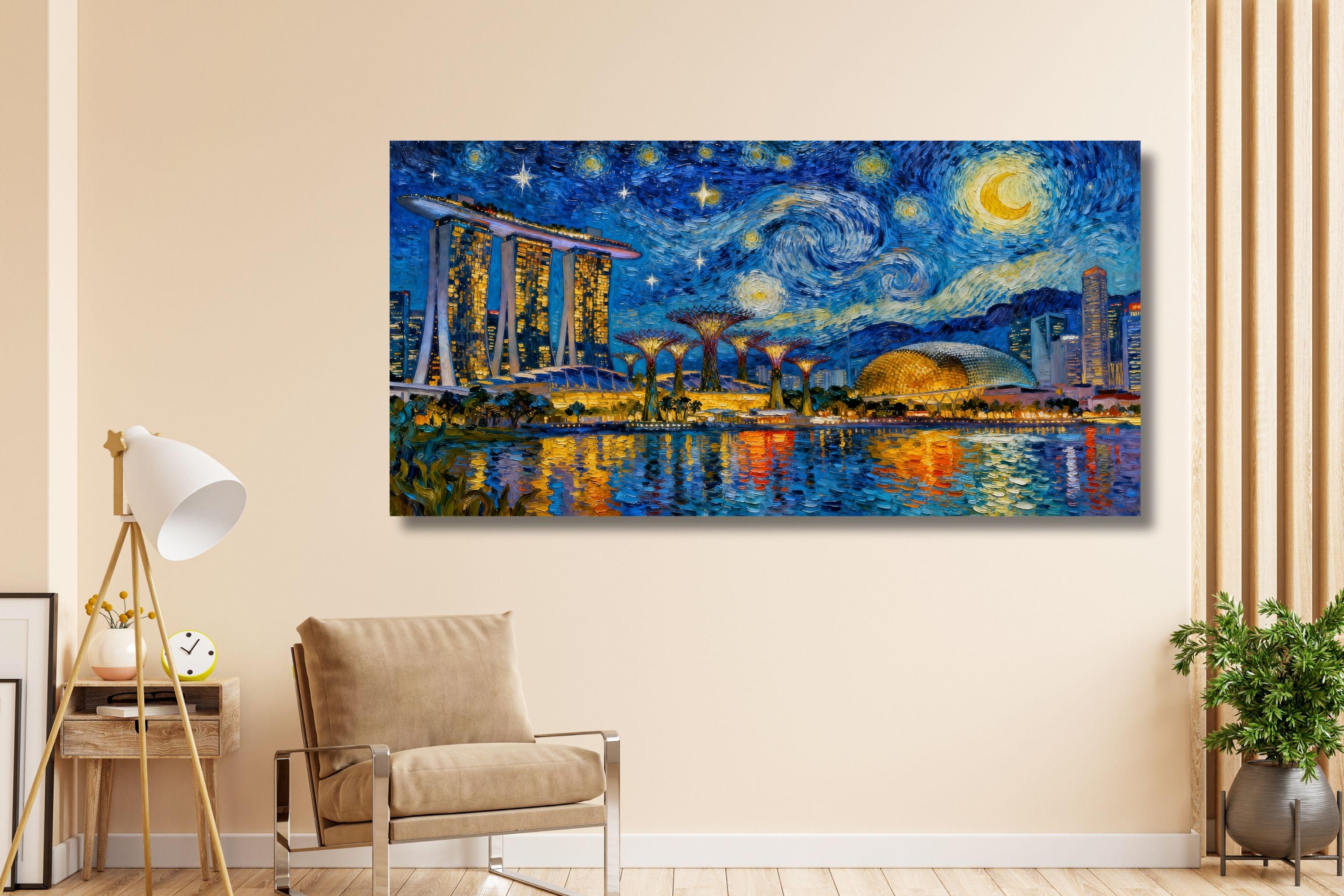 シンガポールの星月夜キャンバスアート、ゴッホ風の都市景観 - Etsy 日本