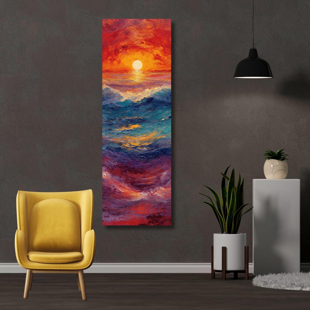 Ocean Sunset Canvas Print, Vertical Seascape Painting, Coastal Wall Art ...