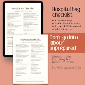 May include: A digital tablet displays a hospital bag checklist, with sections for labor, postpartum recovery, and baby essentials. The text reads "Hospital Bag Checklist" and "Don't go into labour unprepared."