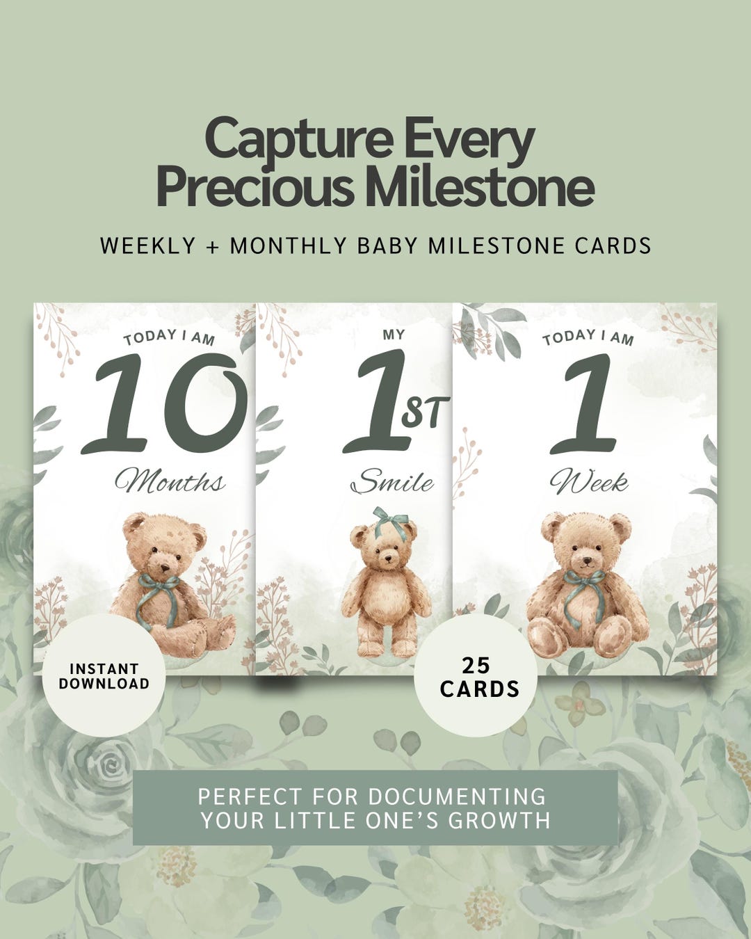 Printable Teddy Bear Milestone Cards | Weekly & Monthly Baby Milestones ...