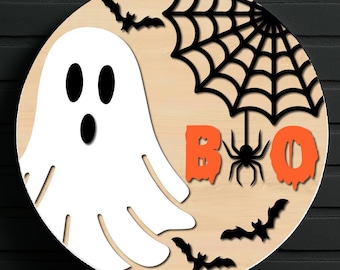 Wieszak na drzwi z motywem ducha halloweenowego SVG, Boo SVG, Pliki wycinane laserowo, Znak Boho Halloween SVG, Znak na drzwi Halloween, Znak na drzwi Halloween Plik Glowforge