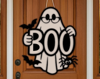 Сute Ghost Door Hanger Svg, Funny Halloween Glowforge Decor svg, Halloween Door Sign Bundle, Laser Cut File, Boo Svg, Ghost Glowforge svg