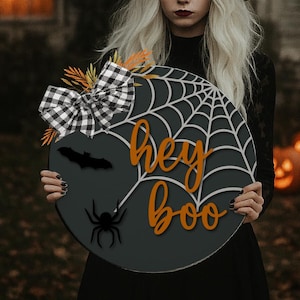 Laser Cut Hey Boo Door Hanger SVG, Halloween Ghost Door Sign Laser Cut Svg, Trick Or Treat Svg, Hey Boo halloween door sign SVG cut file