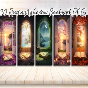 May include: A set of five digital bookmarks featuring open windows with scenic views. Each bookmark showcases a different landscape, including beaches, mountains, and forests, with an open book in the foreground. The text "30 Reading Window Bookmark PNG" is at the top.