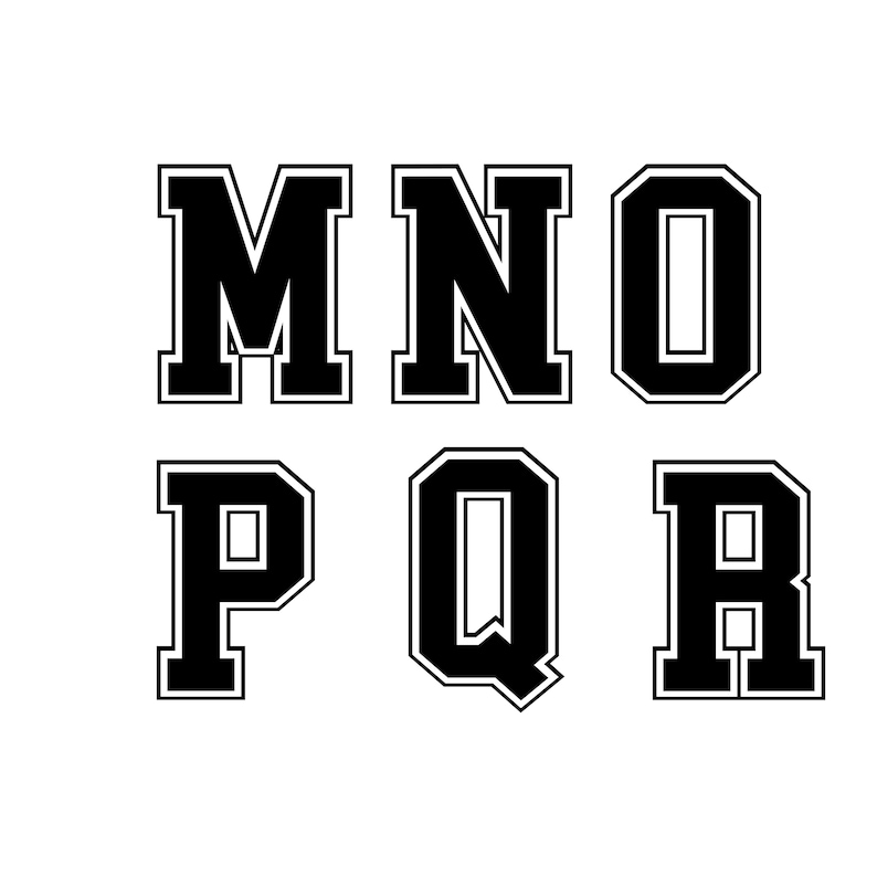 May include: Black and white image of the letters M, N, O, P, Q, and R in a bold, blocky font style. The letters are outlined in white and filled in black.