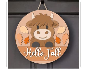 Highland Cow Hello Fall  Svg, Hello Door Hanger SVG, Fall Door Sign, Glowforge Files, Autumn welcome svg, Hello Fall Sign Svg