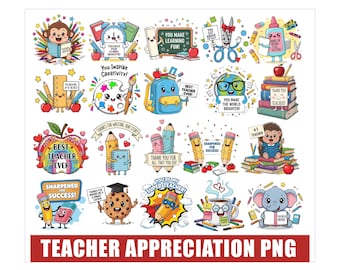 Paquete de imágenes prediseñadas de dibujos animados para agradecer a los maestros, ideales para regalos en el aula, diseños de sublimación para camisetas de maestros y frases de agradecimiento para maestros en formato PNG.