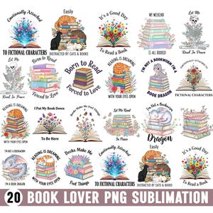 Puede incluir: Una colección de 20 diseños temáticos de libros, con pilas de libros, gatos, flores y texto caprichoso. Los diseños incluyen frases como "Born to Read", "Book Dragon" y "Emotionally Attached to Fictional Characters."