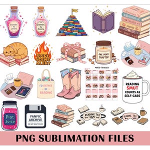 Może przedstawiać: Kolekcja cyfrowych ilustracji z motywem czytania, w tym książki, mikstury i kot. Zawiera stos książek, kubek do kawy z tekstem i torbę z napisem "I'd rather be reading".