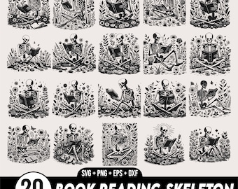 Buch lesen Skeleton svg Bundle, Skeleton with Books Clipart, Floralsskelett, Buch svg, Skeleton svg, Book Lover, Skeleton Png, Skeleton