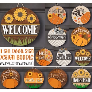 May include: A collection of eleven fall-themed wooden door signs. Designs include sunflowers, pumpkins, and the words "Welcome" and "Hello Fall." The signs are round with a rustic aesthetic, ideal for seasonal home decor.