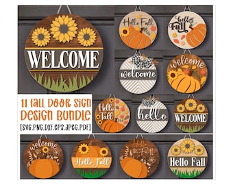 Fall Door Sign SVG Bundle, Welcome Fall Porch Decor, Farmhouse Hello Fall sign svg, Glowforge svg files, Autumn Pumpkin Sign Laser Cut Files