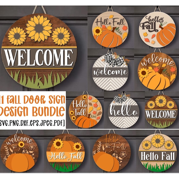 Fall Door Sign SVG Bundle, Welcome Fall Porch Decor, Farmhouse Hello Fall sign svg, Glowforge svg files, Autumn Pumpkin Sign Laser Cut Files